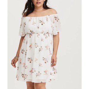 WHITE FLORAL OFF SHOULDER CHIFFON MINI DRESS
